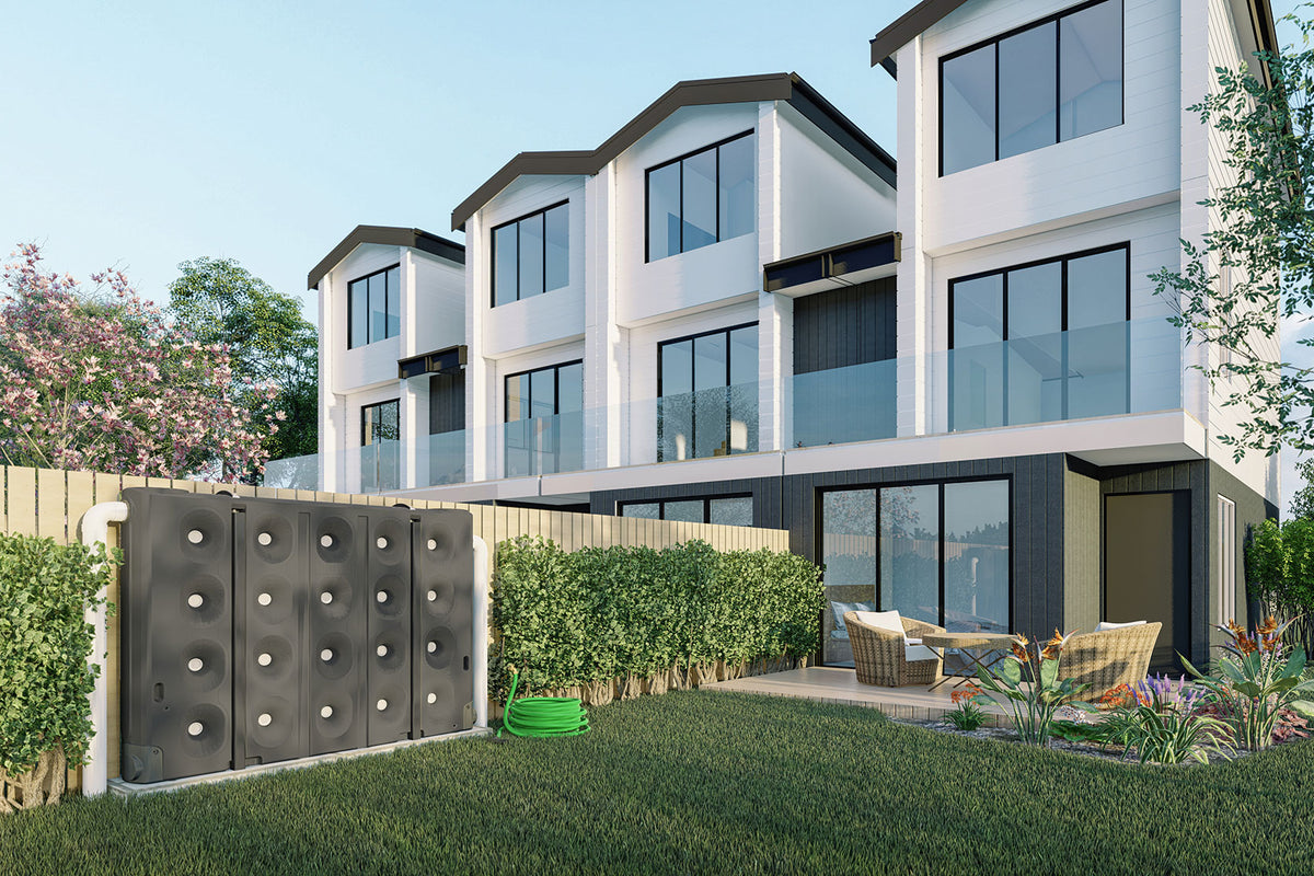 rendered image of a Bailey slim jim 1000L installer won't he fence line of a modern apartment complex